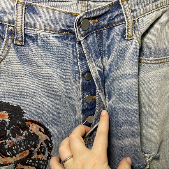 MNML Men's light wash straight leg devil diabolical skull grunge denim jeans 36 - Picture 7 of 11
